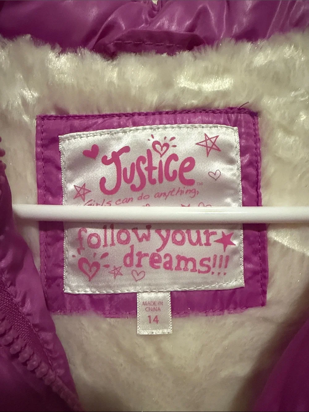 Justice Purple Girls' Puffer Jacket with Faux Fur Trim